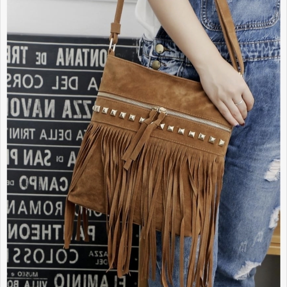 Boho Purse Fringe Bohemian Shoulder PU Suede Faux Leather 70s Hippie Style Purse - Picture 6 of 7